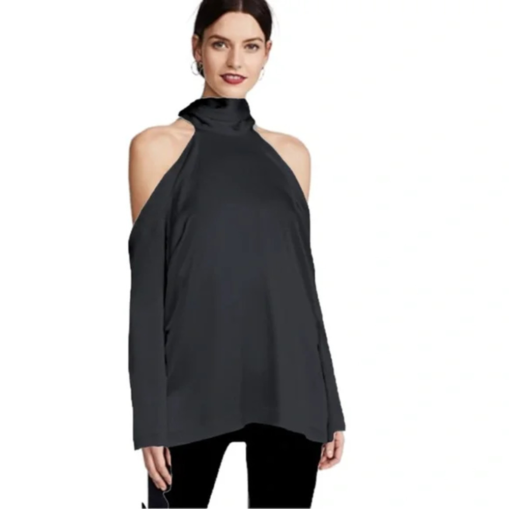 Galvan London Tunic Top Satin Long Sleeve Cold Shoulder Tie Back Black Size 2